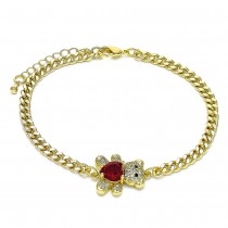 Gold Filled Fancy Bracelet Teddy Bear and Heart Design With Red Cubic Zirconia and White Micro Pave Polished Finish Golden Tone