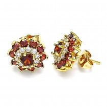 Gold Filled Stud Earring Flower Design With Garnet and White Cubic Zirconia Polished Finish Golden Tone