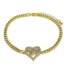 Gold Filled Fancy Bracelet Mom and Heart Design With White Micro Pave Polished Finish Golden Tone