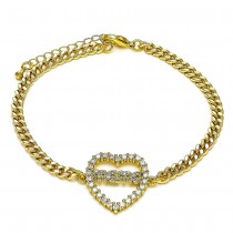 Gold Filled Fancy Bracelet Mom and Heart Design With White Micro Pave Polished Finish Golden Tone