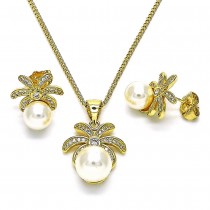 Gold Filled Earrings and Pendant Set with Ivory Pearl and White Micro Pave Polished Golden Tone