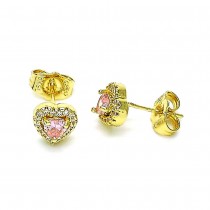 Gold Filled Stud Earrings Heart Design with Pink Cubic Zirconia and White Micro Pave Polished Golden Tone