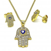 Gold Filled Earring and Pendant Set Hand of God Design with White Micro Pave Blue Enamel Finish Golden Tone