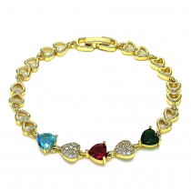 Gold Filled Fancy Bracelet Heart Design With Multicolor Cubic Zirconia and White Micro Pave Polished Finish Golden Tone