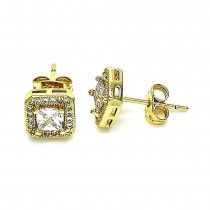 Gold Filled Stud Earrings with White Cubic Zirconia and White Micro Pave Polished Golden Tone