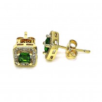 Gold Filled Stud Earrings with Green Cubic Zirconia and White Micro Pave Polished Golden Tone