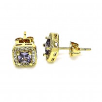 Gold Filled Stud Earrings with Amethyst Cubic Zirconia and White Micro Pave Polished Golden Tone