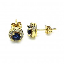 Gold Filled Stud Earrings with Sapphire Blue Cubic Zirconia and White Micro Pave Polished Golden Tone
