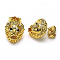 Gold Finish Stud Earring Lion Design with Black Cubic Zirconia Polished Golden Tone