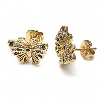 Gold Finish Stud Earring Butterfly Design with Garnet and White Micro Pave Polished Golden Tone Polished Golden Tone