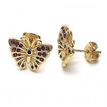 Gold Finish Stud Earring Butterfly Design with Ruby Micro Pave Polished Golden Tone Polished Golden Tone