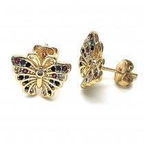 Gold Finish Stud Earring Butterfly Design with Multicolor Micro Pave Polished Golden Tone Polished Golden Tone
