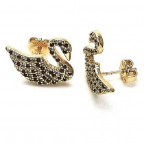 Gold Finish Stud Earring Swan Design with White and Garnet Micro Pave Polished Golden Tone Polished Golden Tone