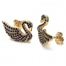 Gold Finish Stud Earring Swan Design with Ruby Micro Pave Polished Golden Tone Polished Golden Tone