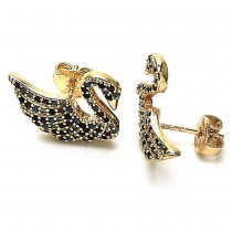 Gold Finish Stud Earring Swan Design with Multicolor Micro Pave Polished Golden Tone Polished Golden Tone