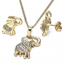 Gold Finish Earring and Pendant Set Elephant Design with White Micro Pave Polished Golden Tone
