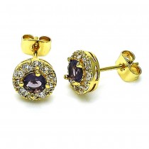 Gold Filled Stud Earring with Amethyst and White Cubic Zirconia Polished Golden Tone