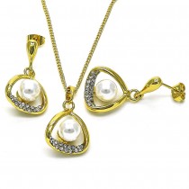 Gold Filled Earrings and Pendant Set with Ivory Pearl and White Crystal Polished Golden Tone