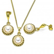 Gold Filled Earring and Pendant Set with Ivory Pearl Polished, Golden Tone