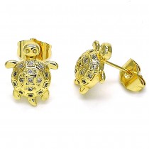 Gold Finish Stud Earring Turtle Design with White Micro Pave Polished Golden Tone