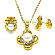 Gold Filled Earrings and Pendant Set Flower Design with Ivory Pearl and White Micro Pave Polished Golden Tone