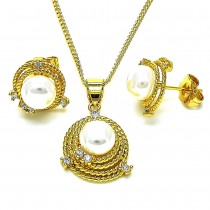 Gold Filled Earring and Pendant Set with Ivory Pearl and White Crystal Polished Golden Tone
