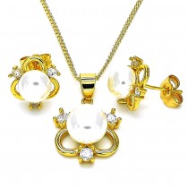 Gold Filled Earrings and Pendant Set with White Cubic Zirconia and Ivory Pearl Polished Golden Tone