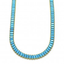 Gold Filled Fancy Necklace  Baguette Design with Turquoise Cubic Zirconia Polished Golden Finish 5 MM Thickness 12 Inches Length