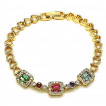 Gold Finish Fancy Bracelet Heart Design with Multicolor Cubic Zirconia Polished Golden Tone