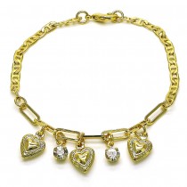 Gold Finish Charm Bracelet Heart and Paperclip Design with White Crystal Polished Golden Tone