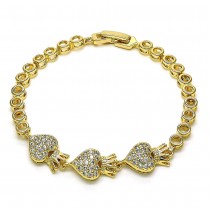 Gold Filled Fancy Bracelet Heart and Crown Design with White Micro Pave Polished Golden Tone