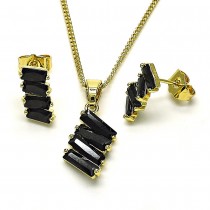 Gold Filled Earring and Pendant Set with Black Cubic Zirconia Polished Golden Tone