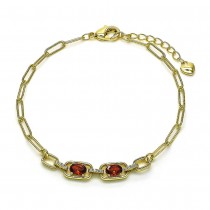 Gold Filled Fancy Bracelet Paperclip Design with Garnet Cubic Zirconia and White Micro Pave Polished Golden Tone
