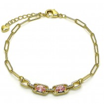 Gold Filled Fancy Bracelet Paperclip Design with Pink Cubic Zirconia and White Micro Pave Polished Golden Tone
