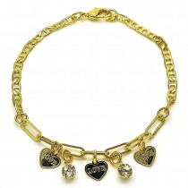 Gold Finish Charm Bracelet Heart and Paperclip Design with White Crystal Polished Golden Tone