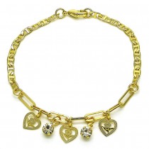 Gold Finish Charm Bracelet Heart and Flower Design with White Crystal Polished Golden Tone