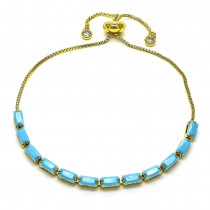 Gold Finish Adjustable Bolo Bracelet with Turquoise Cubic Zirconia Polished Golden Tone