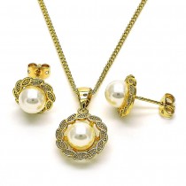 Gold Filled Earring and Pendant Set with White Pearl Polished Golden Tone
