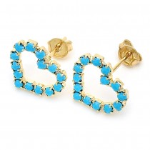 Gold Finish Stud Earring Heart Design with Turquoise Cubic Zirconia Polished Golden Tone