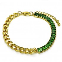 Gold Filled Fancy Bracelet Miami Cuban Design with Green Cubic Zirconia Polished Golden Tone