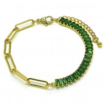 Gold Filled Fancy Bracelet Paperclip Design with Green Cubic Zirconia Polished Golden Tone