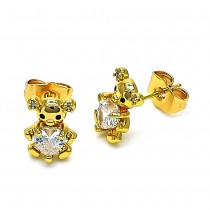 Gold Finish Stud Earring Teddy Bear Design with White Cubic Zirconia and White Micro Pave Polished Golden Tone