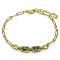 Gold Filled Fancy Bracelet Paperclip Design with Green and White Cubic Zirconia Polished Golden Tone