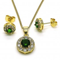 Gold Filled Earring and Pendant Adult Set with Green Cubic Zirconia and White Micro Pave Polished Golden Tone