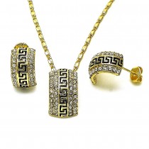 Gold Finish Earring and Pendant Set Greek Key Design with White Crystal Polished Golden Tone