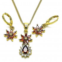 Gold Finish Earring and Pendant Set Flower and Teardrop Design with Garnet and White Cubic Zirconia Polished Golden Tone