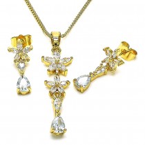 Gold Finish Earring and Pendant Set Flower and Teardrop Design with White Cubic Zirconia Polished Golden Tone