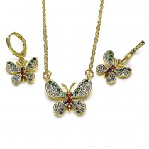 Gold Finish Earring and Pendant Set Butterfly Design with Multicolor Micro Pave Polished Golden Tone
