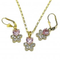 Gold Finish Earring and Pendant Set Heart and Butterfly Design with Pink Cubic Zirconia and White Micro Pave Polished Golden Tone