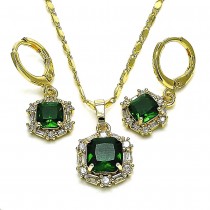 Gold Finish Earring and Pendant Set with Emerald Green Cubic Zirconia and White Micro Pave Polished Golden Tone